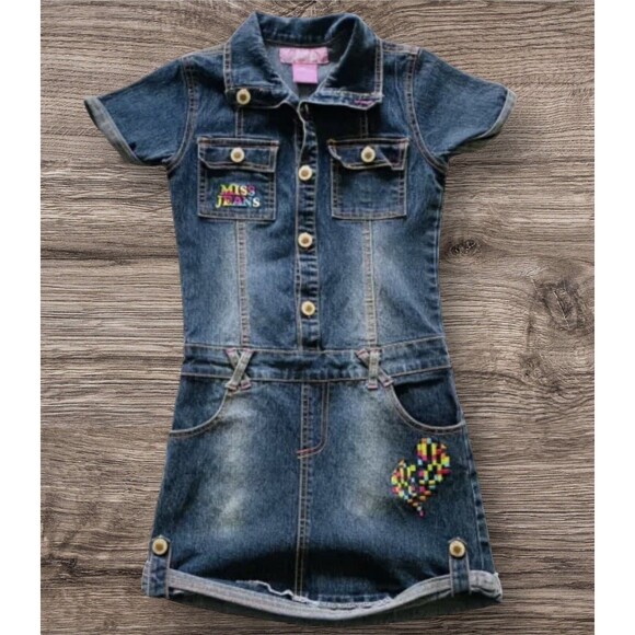 Miss Jeans Girls Embroidered Blue Denim Dress Silver Buttons Colorful Pockets 6X - Picture 1 of 10